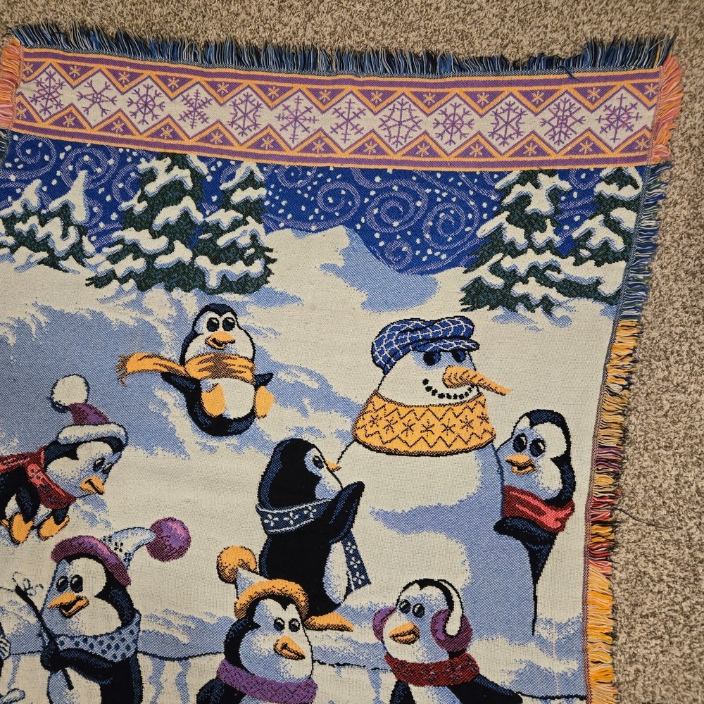 Vintage Goodwin Weavers Blanket North Pole Penguins Fish Ice Throw Cotton USA - Picture 4 of 8